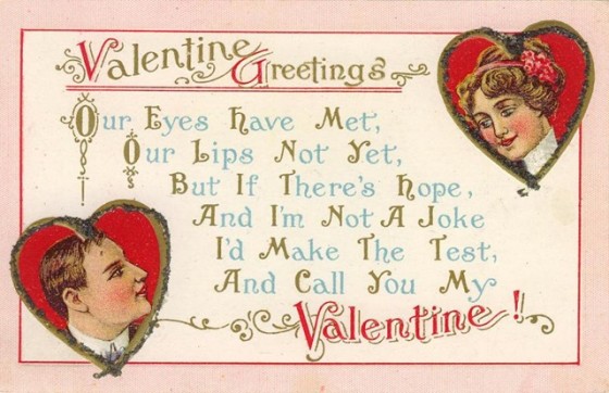 free vintage valentine card two red hearts with man and woman 560x362