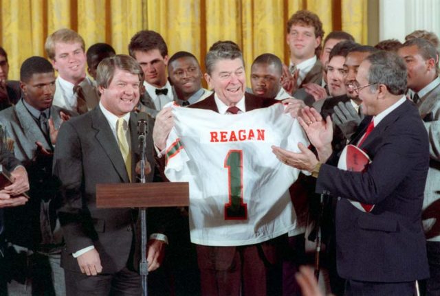 Reagan with Miami Hurricanes football team 1988