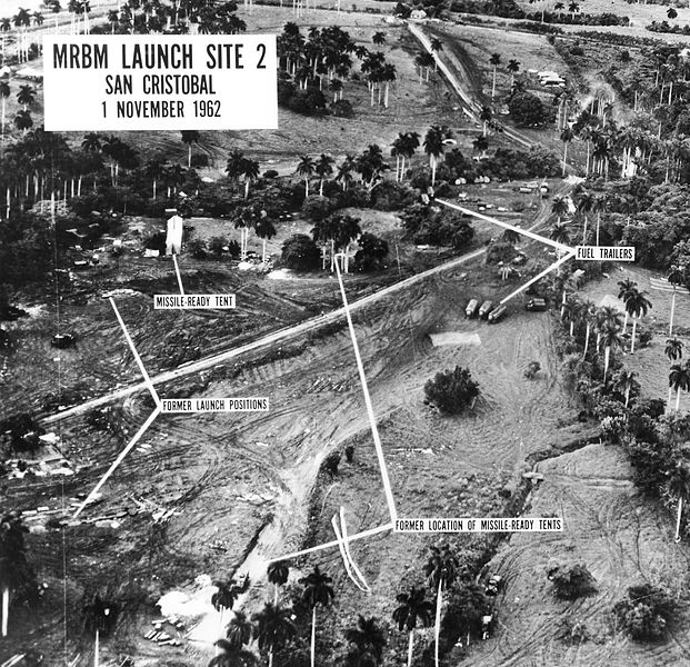 U.S. aerial reconnaissance photograph of a medium range ballistic missile launch site at San Cristobal in Cuba, on 1 November 1962 during the Cuban missile crisis.