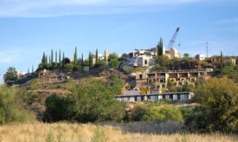 View of Arcosanti from the southeast, showing buildings from Crafts III on the far left to the guestrooms in the right foreground
