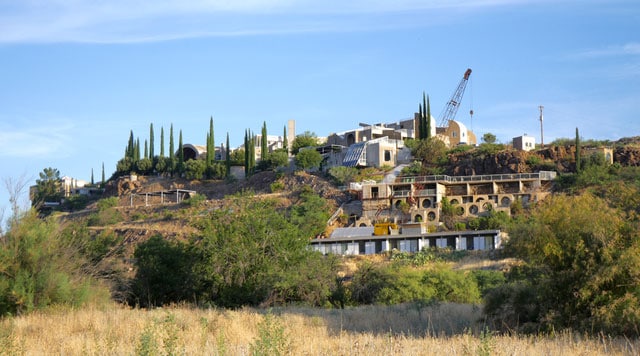 View of Arcosanti from the southeast, showing buildings from Crafts III on the far left to the guestrooms in the right foreground