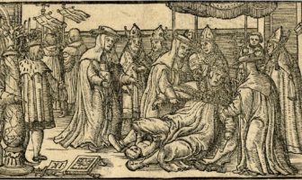 Pope Joan giving birth during a procession; the female pope surrounded by cardinals at right, the newborn child on the ground; at left the procession and a fool standing behind a column mocking the scene; illustration to an unidentified publication. Strasbourg, 1539