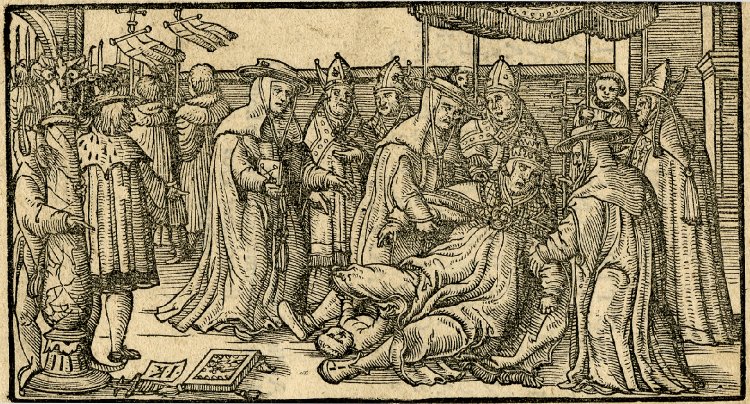 Pope Joan giving birth during a procession; the female pope surrounded by cardinals at right, the newborn child on the ground; at left the procession and a fool standing behind a column mocking the scene; illustration to an unidentified publication. Strasbourg, 1539