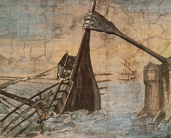Detail of a wall painting of the Claw of Archimedes sinking a ship, taking the name "iron hand" in the ancient sources literally