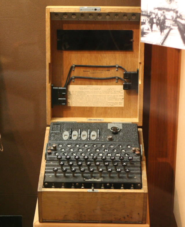 A four–rotor Kriegsmarine (German Navy, 1935 to 1945) Enigma machine on display at the US National Cryptologic Museum