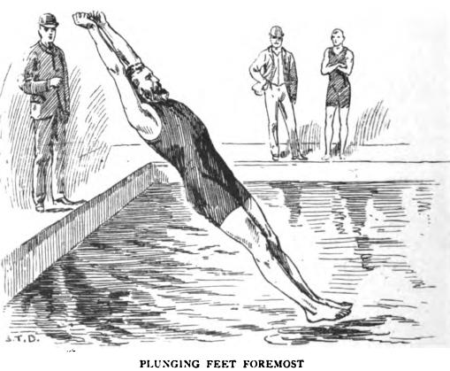Picture of a swimmer plunging feet first (the plunge for distance was a competitive swimming event in the 19th and early 20th century