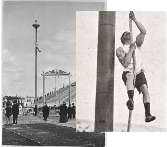 A gymnast competes in the rope-climb at the 1896 Olympic Games in Athens, Greece