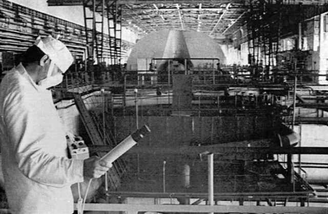 -FILE PHOTO 05JUN86-A worker at the Chernobyl nuclear power plant checks the radiation level in the ..