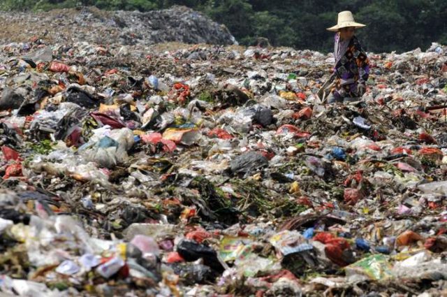 A garbage collector looks for recyclable waste at a garbage dump site in Nanchang