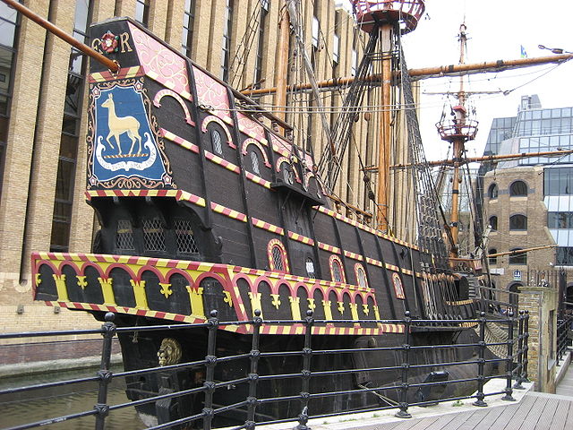 Replica of the Elizabethan galleon, The Golden Hind, captained by Francis Drake in 16th Century, Southwark, London, UK