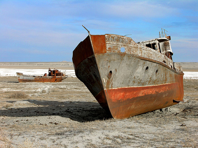 The Aral sea is drying up. Bay of Zhalanash, Ship Cemetery, Aralsk, Kazakhstan